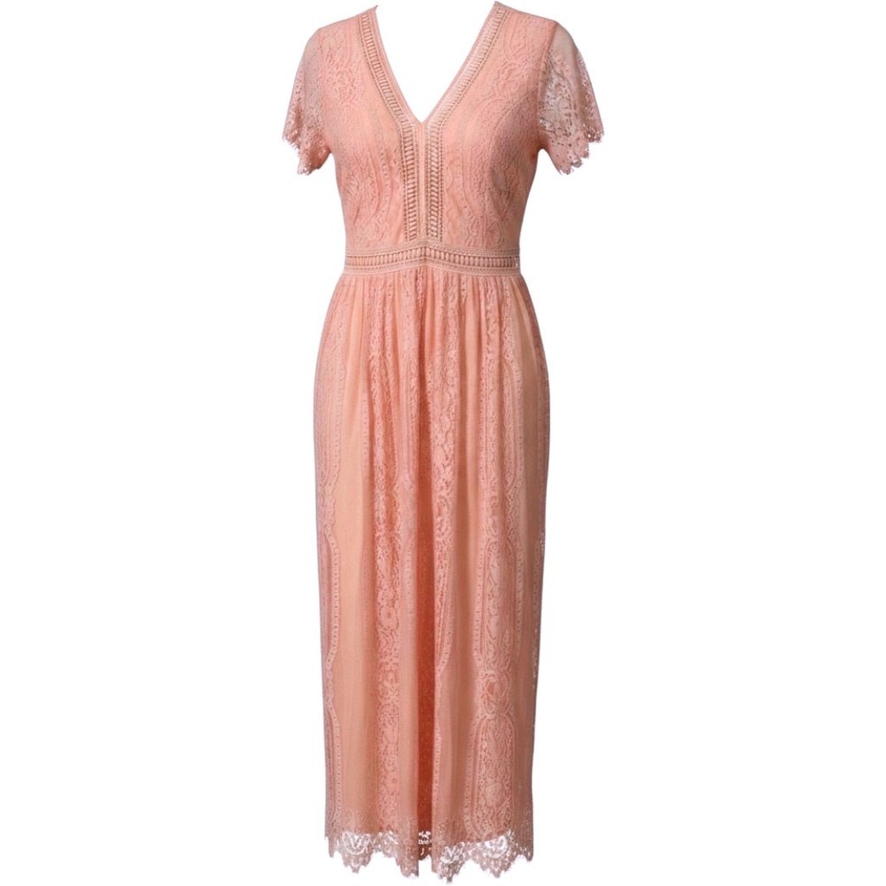 Peach Lace V-Neck Maxi Dress Short Sleeve Crochet Trim Boho Wedding Guest Large
